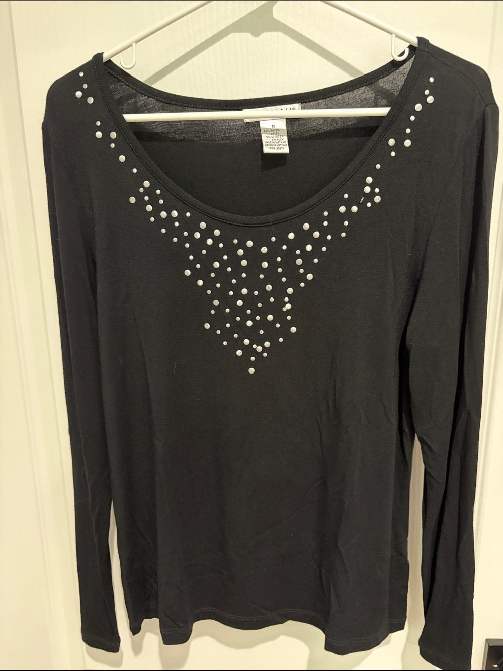 Hannah Black Long Sleeve Scoop Neck Top with Silver Studs